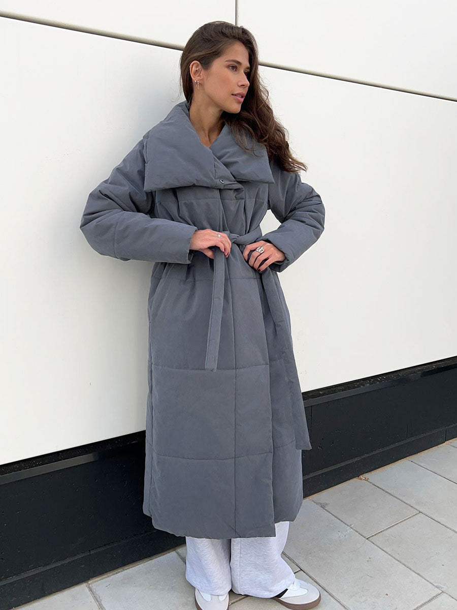 Fashion Large Lapel Long Coat Winter Warm Cotton Jacket With Pockets And Lace-up Design Casual Solid Color Thick Coat For Women Outwear Clothing - Bellarte Enchanté Fashion Large Lapel Long Coat Winter Warm Cotton Jacket With Pockets And Lace-up Design Casual Solid Color Thick Coat For Women Outwear Clothing